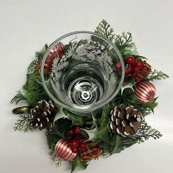 Metal Vintage Candlestick Holder Glass Etched Votive with Christmas Floral Ring - Picture 2 of 14